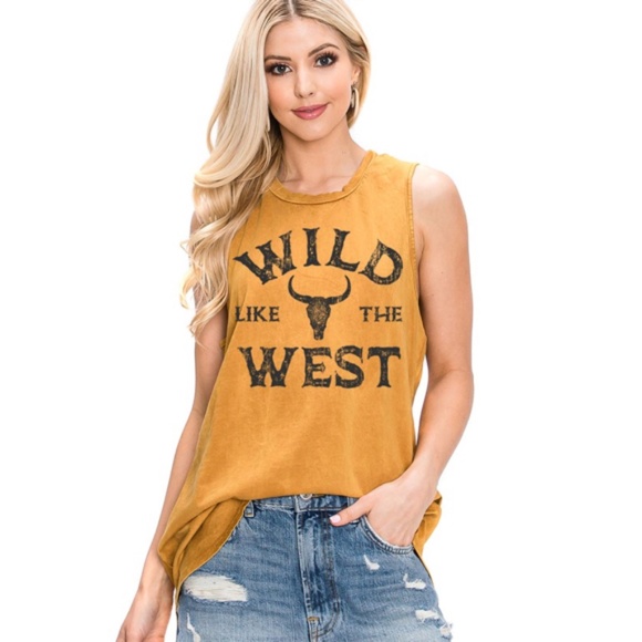 Tops - Mustard Yellow Wild Like The West Graphic Sleeveless Relaxed Fit Tank Top Shirt